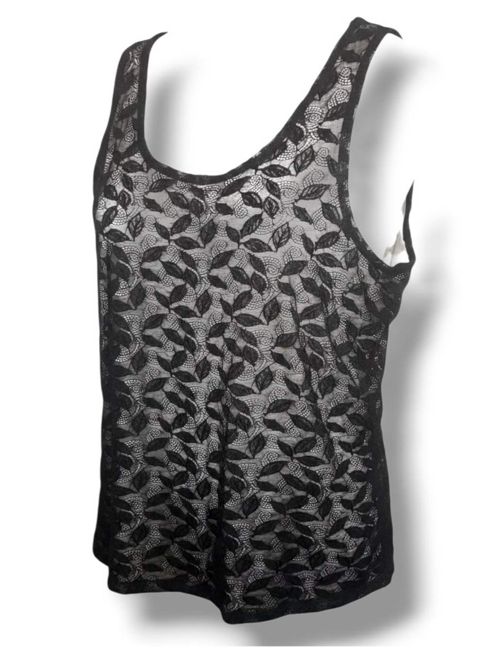 Kathleen Kirkwood 1X UndercoverAgent Leaf Tank Top Sleeveless Lace Overlay Black